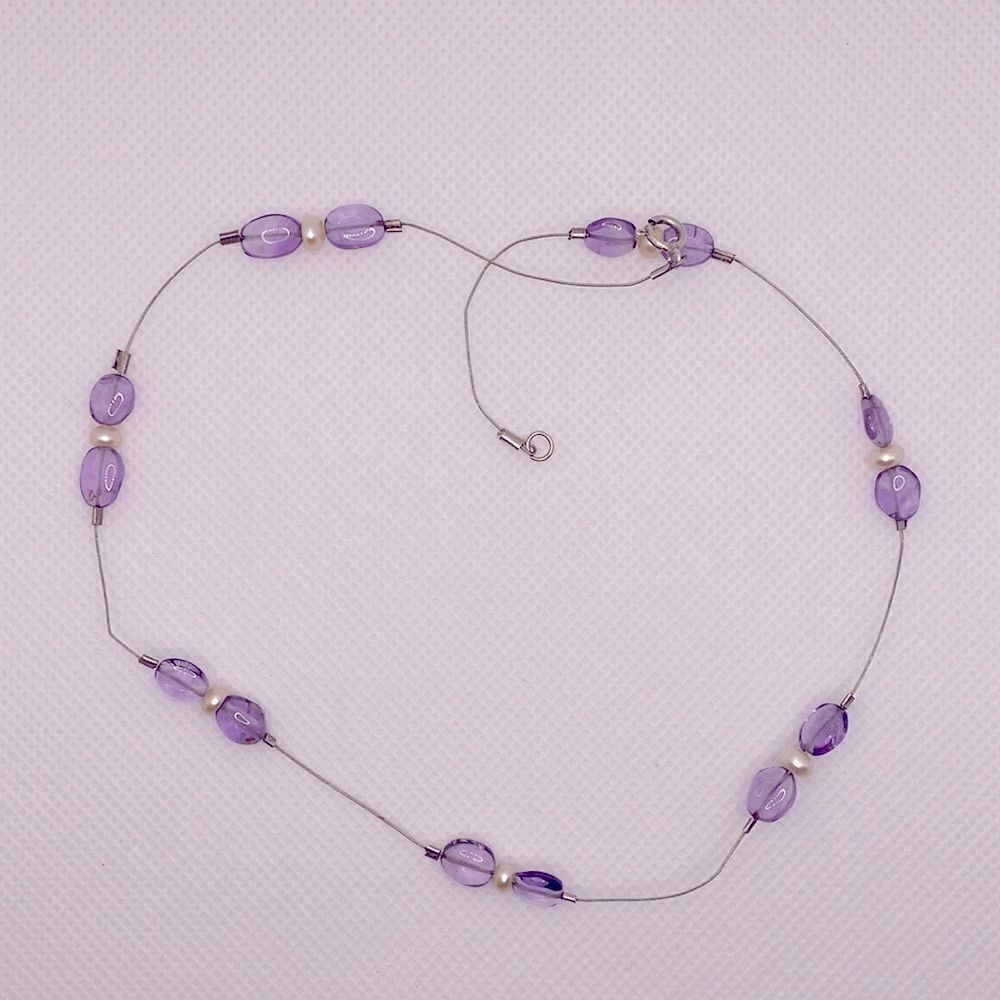 💛 Y2K 925 Purple Amethyst & Pearl Wire Necklace